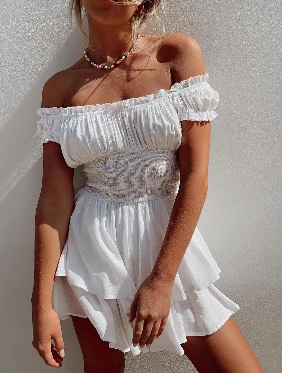 R.Vivimos Women's Summer Cotton Puff Sleeves Layered Ruffles Casual Boho Swing Mini Dresses