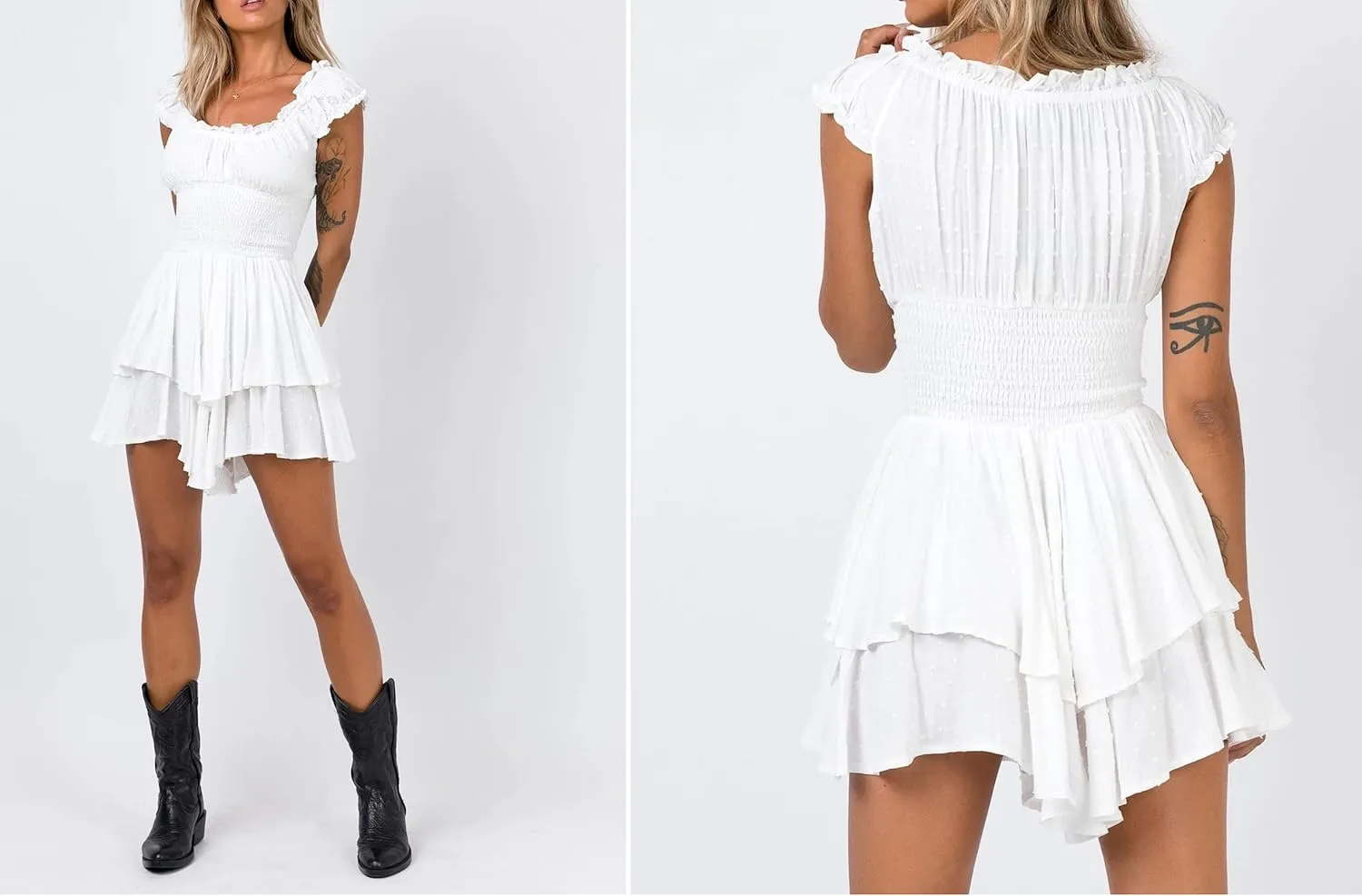R.Vivimos Women's Summer Cotton Puff Sleeves Layered Ruffles Casual Boho Swing Mini Dresses