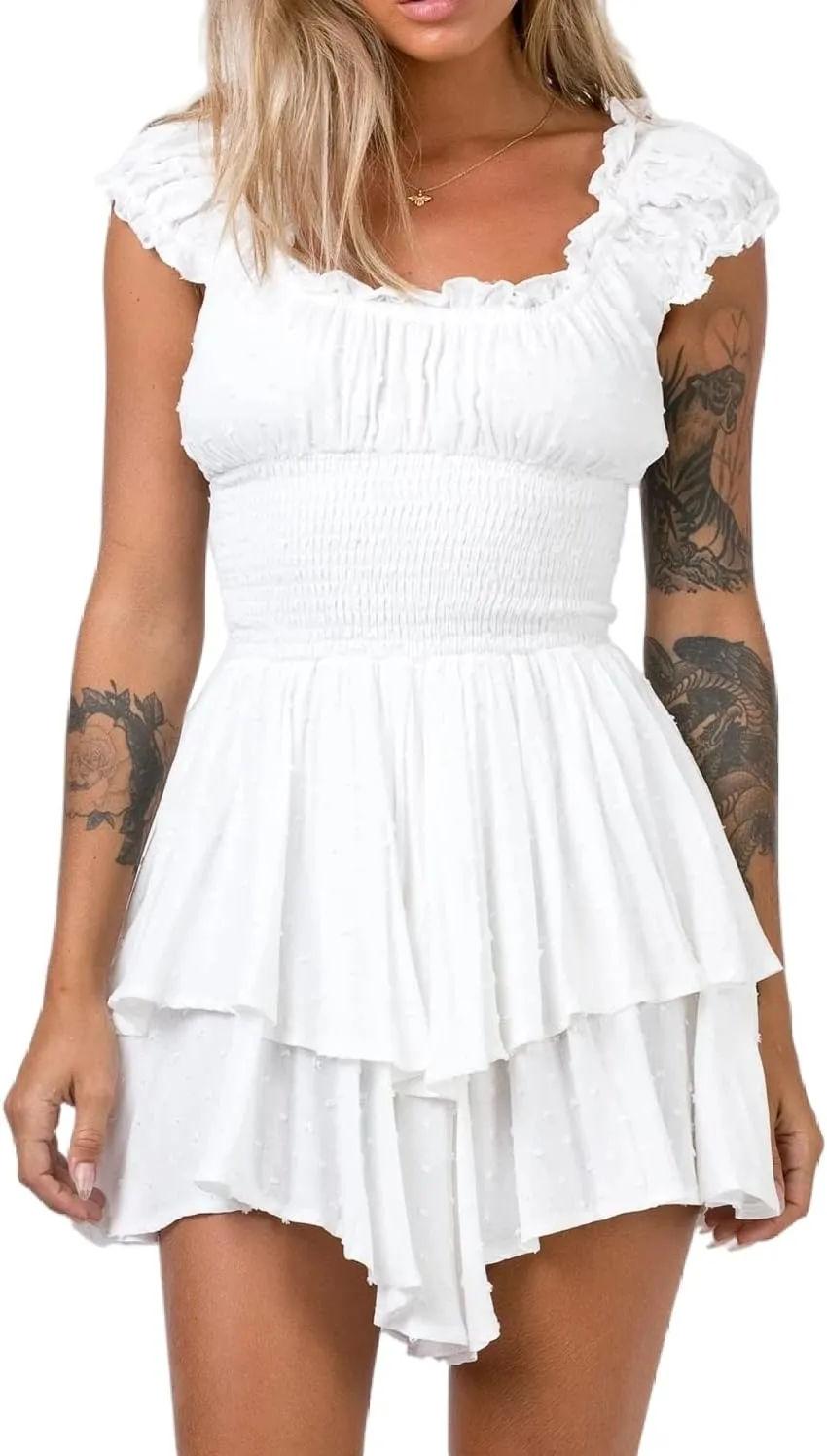 R.Vivimos Women's Summer Cotton Puff Sleeves Layered Ruffles Casual Boho Swing Mini Dresses
