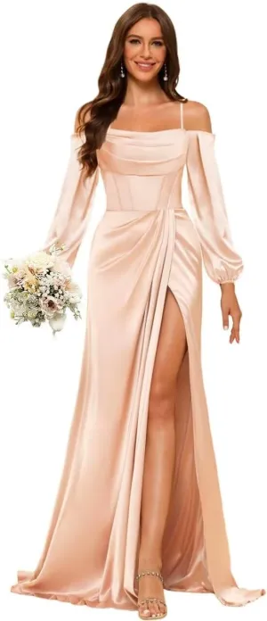 Satin Bridesmaid Dresses with Silt for Wedding Long Sleeve Formal Gowns Mermaid Prom Dress PU199