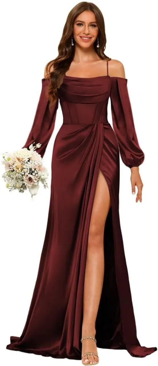 Satin Bridesmaid Dresses with Silt for Wedding Long Sleeve Formal Gowns Mermaid Prom Dress PU199