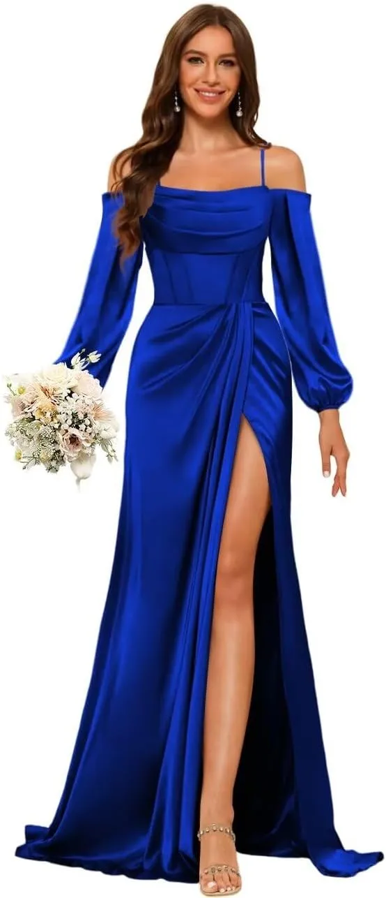Satin Bridesmaid Dresses with Silt for Wedding Long Sleeve Formal Gowns Mermaid Prom Dress PU199
