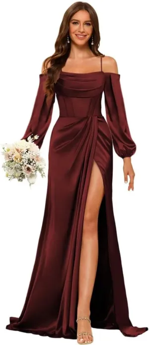 Satin Bridesmaid Dresses with Silt for Wedding Long Sleeve Formal Gowns Mermaid Prom Dress PU199