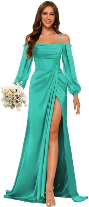 Satin Bridesmaid Dresses with Silt for Wedding Long Sleeve Formal Gowns Mermaid Prom Dress PU199