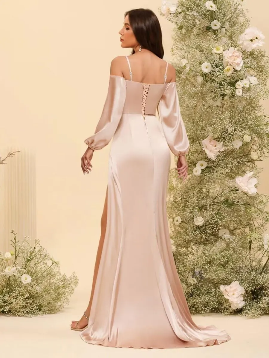 Satin Bridesmaid Dresses with Silt for Wedding Long Sleeve Formal Gowns Mermaid Prom Dress PU199