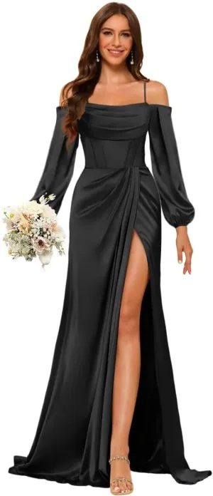 Satin Bridesmaid Dresses with Silt for Wedding Long Sleeve Formal Gowns Mermaid Prom Dress PU199