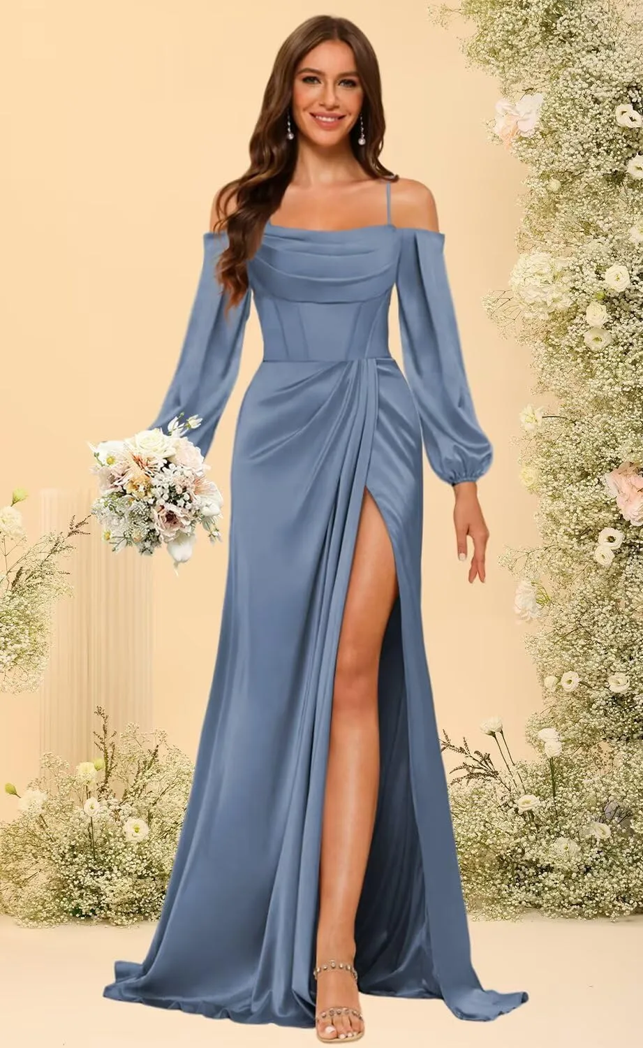 Satin Bridesmaid Dresses with Silt for Wedding Long Sleeve Formal Gowns Mermaid Prom Dress PU199