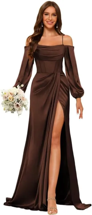 Satin Bridesmaid Dresses with Silt for Wedding Long Sleeve Formal Gowns Mermaid Prom Dress PU199