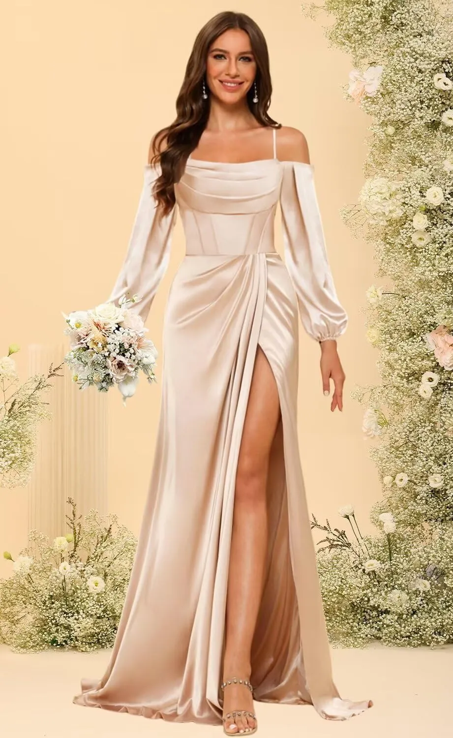 Satin Bridesmaid Dresses with Silt for Wedding Long Sleeve Formal Gowns Mermaid Prom Dress PU199