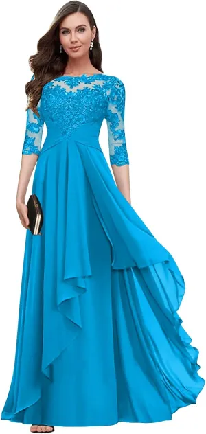 Scoop Neck Chiffon Mother of The Bride Dresses for Women Ruffle Lace A-line Long Formal Evening Gown with Sleeves