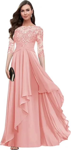 Scoop Neck Chiffon Mother of The Bride Dresses for Women Ruffle Lace A-line Long Formal Evening Gown with Sleeves