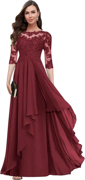 Scoop Neck Chiffon Mother of The Bride Dresses for Women Ruffle Lace A-line Long Formal Evening Gown with Sleeves