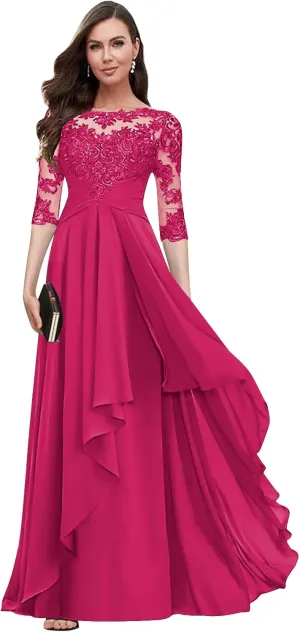 Scoop Neck Chiffon Mother of The Bride Dresses for Women Ruffle Lace A-line Long Formal Evening Gown with Sleeves