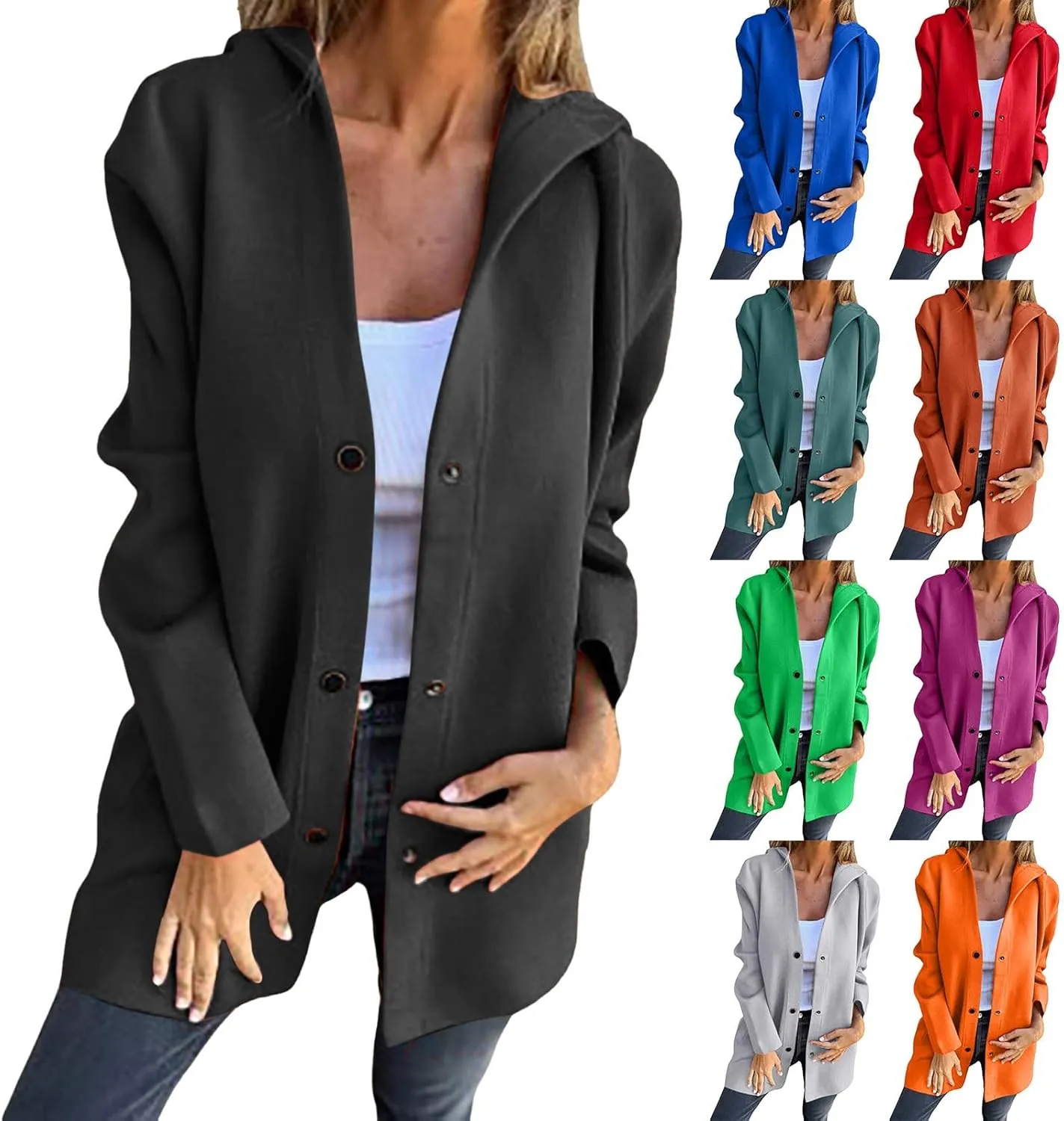 sdbrld Winter Coat for Women Casual Lapel Single Breasted Jacket Trench Coat Long Sleeve Hooded Cardigan Sweater Fall Outfits
