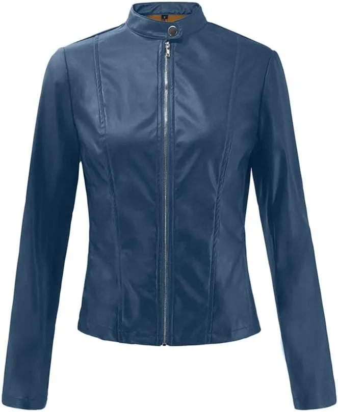 SERYU Women's Motorcycle Leather Biker Jacket Studded Long Sleeve Zip Leather Jacket