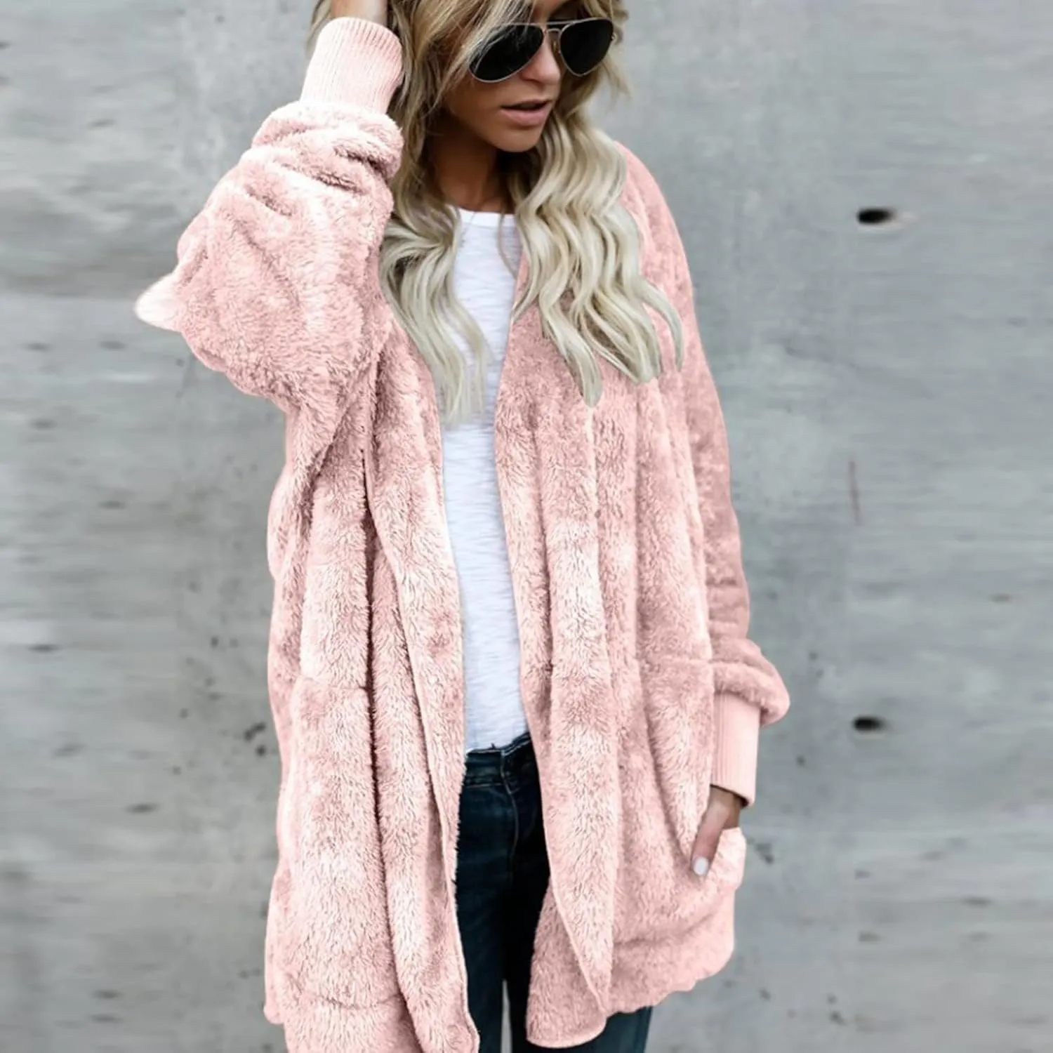 Sherpa Jacket Women Fuzzy Long Sleeve Open Front Hooded Cardigans Hoodies Shaggy Fleece Jackets Winter Faux Fur Coat