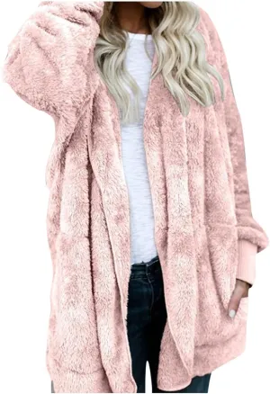 Sherpa Jacket Women Fuzzy Long Sleeve Open Front Hooded Cardigans Hoodies Shaggy Fleece Jackets Winter Faux Fur Coat