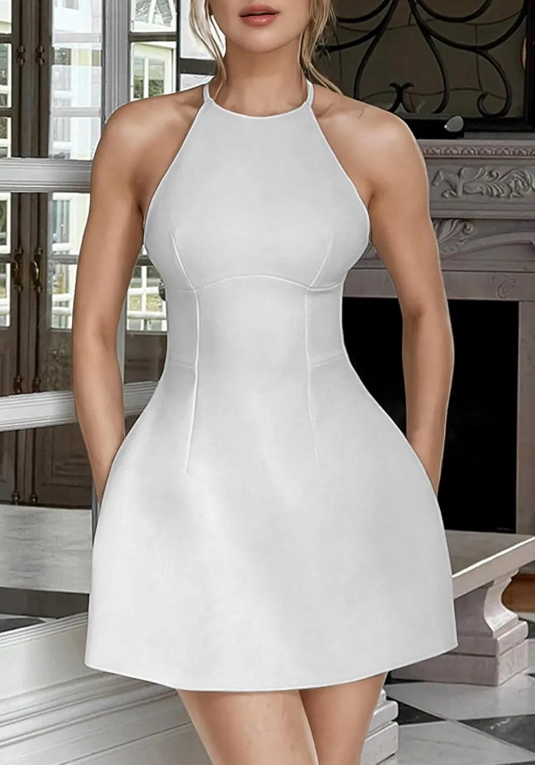 SHINFY Women Summer Mini Dress Halter Neck Backless Spaghetti Straps Criss Cross A Line Formal Cocktail Sundresses