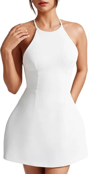 SHINFY Women Summer Mini Dress Halter Neck Backless Spaghetti Straps Criss Cross A Line Formal Cocktail Sundresses