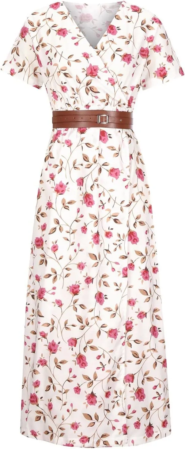 Short Sleeve Dress for Women Tie Waist Maxi Dress Summer Boho Floral Dress Elegant Spring Dresses for Women 2025