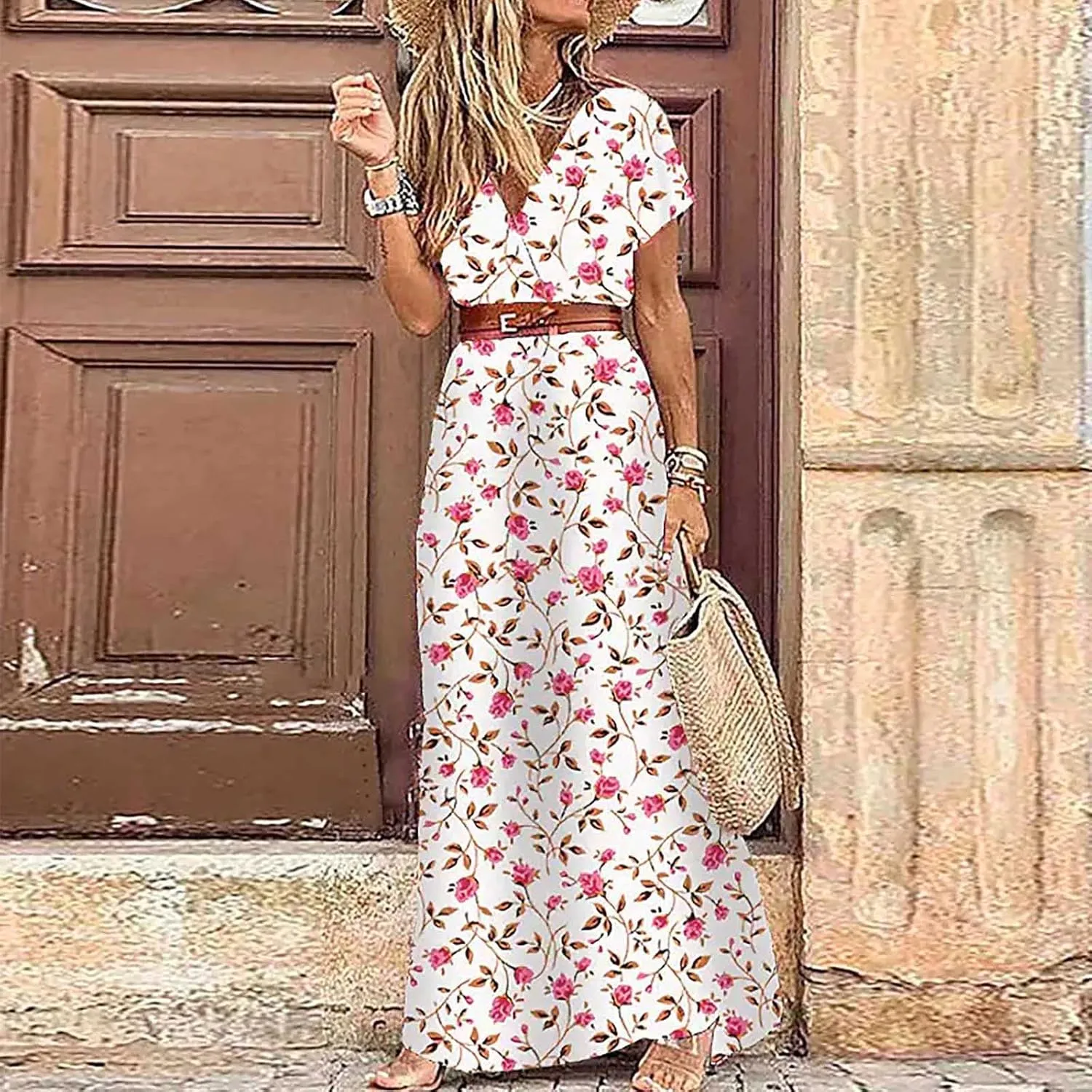 Short Sleeve Dress for Women Tie Waist Maxi Dress Summer Boho Floral Dress Elegant Spring Dresses for Women 2025