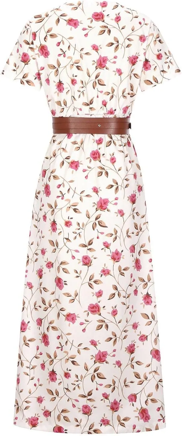 Short Sleeve Dress for Women Tie Waist Maxi Dress Summer Boho Floral Dress Elegant Spring Dresses for Women 2025