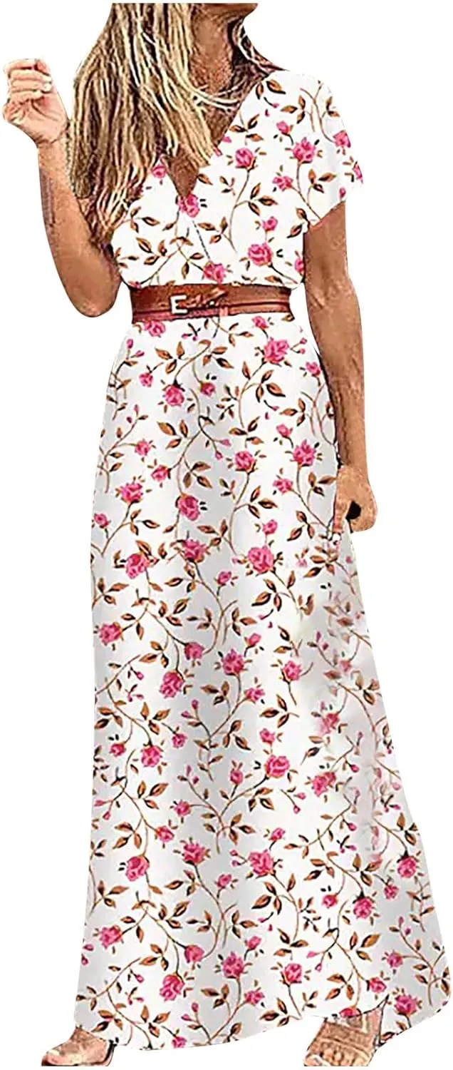 Short Sleeve Dress for Women Tie Waist Maxi Dress Summer Boho Floral Dress Elegant Spring Dresses for Women 2025