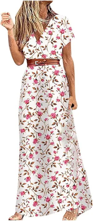Short Sleeve Dress for Women Tie Waist Maxi Dress Summer Boho Floral Dress Elegant Spring Dresses for Women 2025