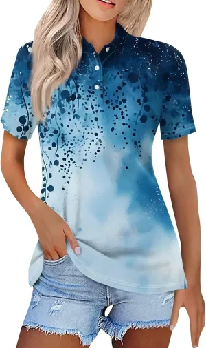 Short Sleeve Shirts for Women Dressy Casual Button Trendy Lapel Neck Boho Print Fitted Tunics Tops Shirts