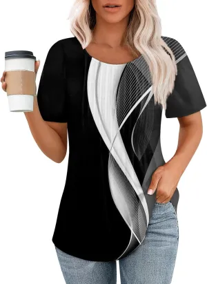 Short Sleeve Shirts for Women Summer Crew Neck Pleated Front Dressy Casual Tops Loose Fit Tunic Plus Size Ladies Blouses