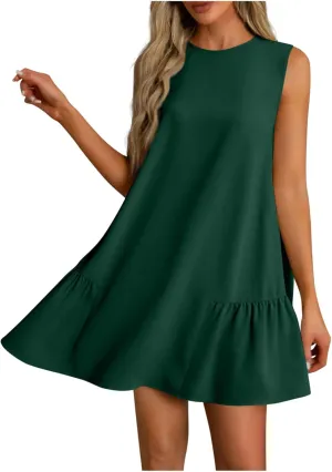 Short Summer Dresses for Women 2025 Round Neck Sleeveless Mini Dress Casual Beach Ruffle Hem A-Line Sundresses