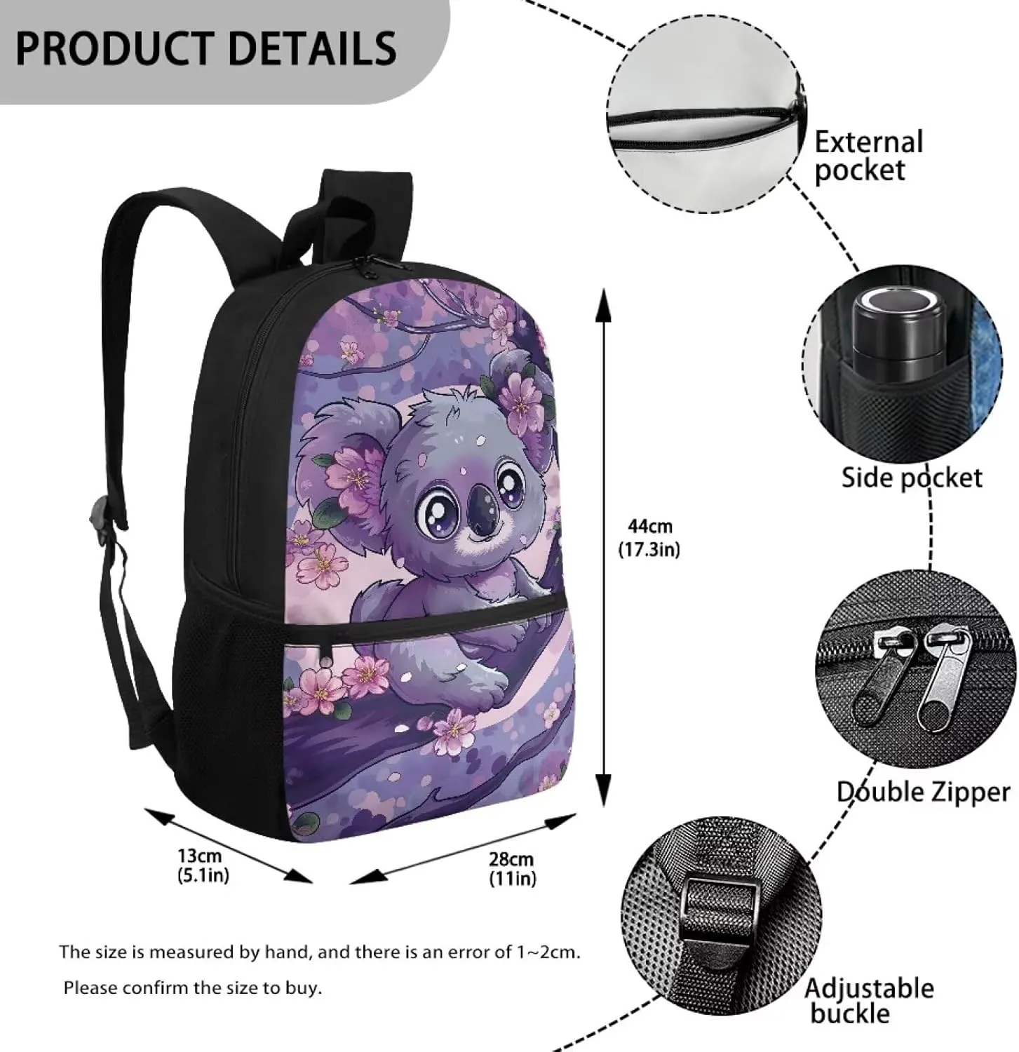 Showudesigns Cute Koala School Backpack for Girls 6-8 8-12 Elememtary Bookbag Cherry Blossom School Bags with Water Bottle Holder Kids Child Back Pack Purse Daycare Bag Satchel