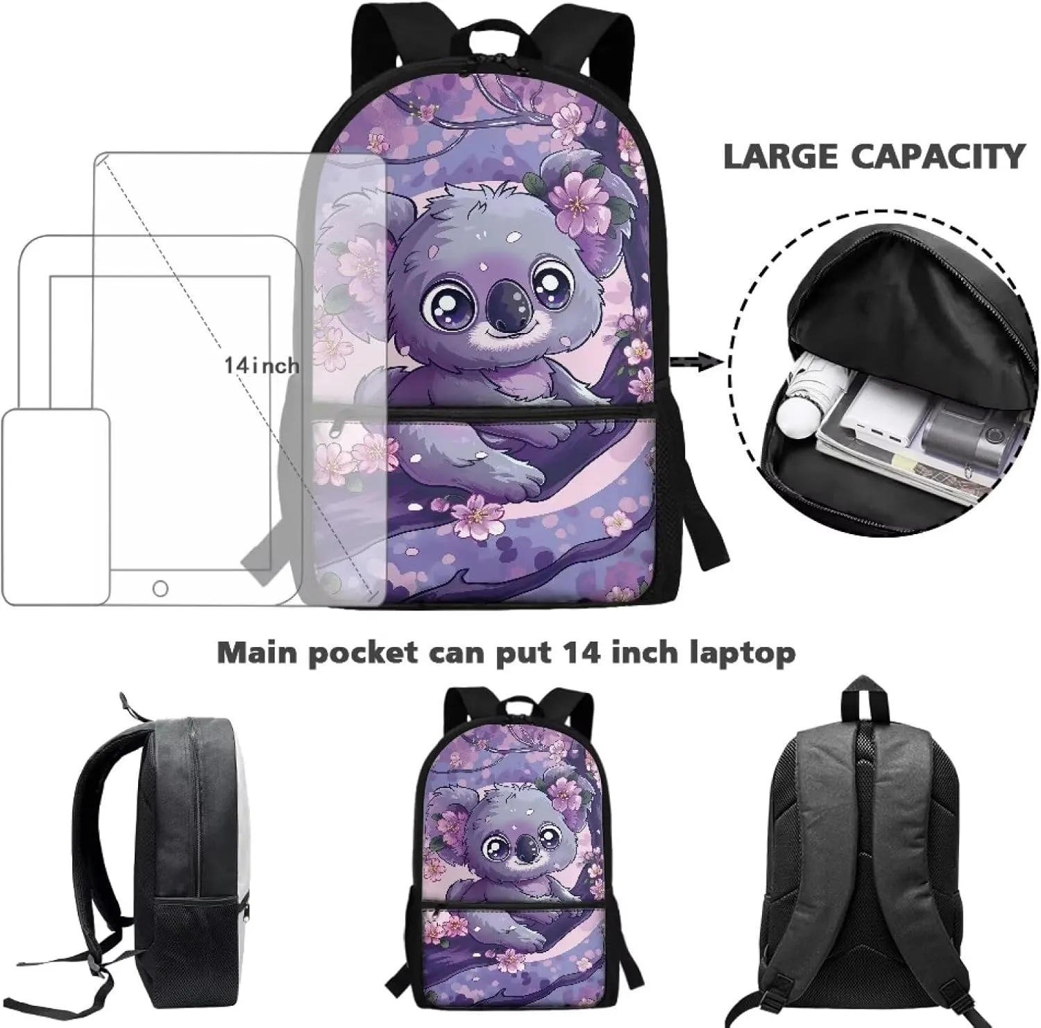 Showudesigns Cute Koala School Backpack for Girls 6-8 8-12 Elememtary Bookbag Cherry Blossom School Bags with Water Bottle Holder Kids Child Back Pack Purse Daycare Bag Satchel
