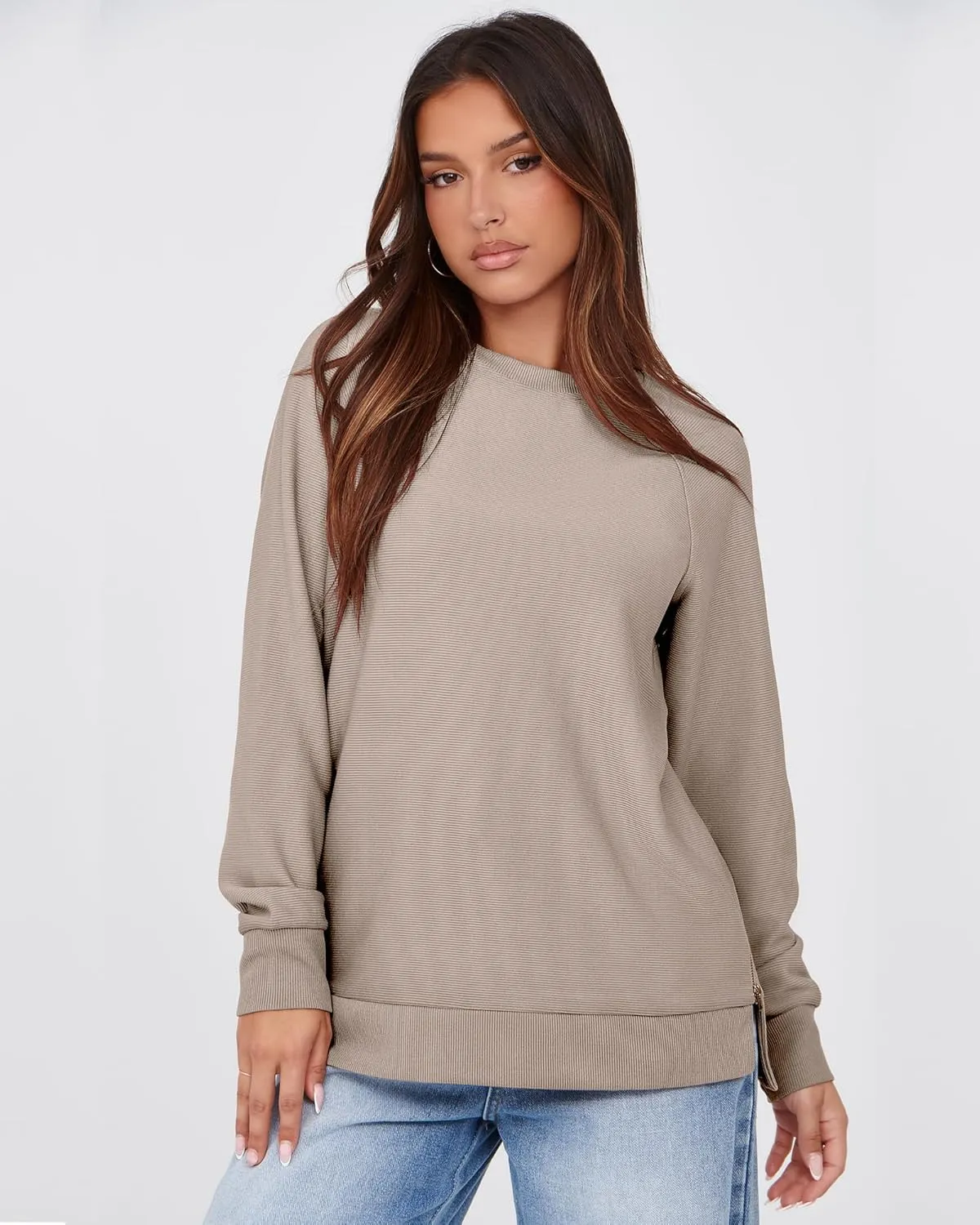 SimpleFun Womens Oversized Crewneck Sweatshirt Casual Side Slit Zipper Long Sleeve Fall Shirts Tunic Pullover Tops