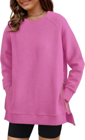 SimpleFun Womens Oversized Crewneck Sweatshirt Casual Side Slit Zipper Long Sleeve Fall Shirts Tunic Pullover Tops