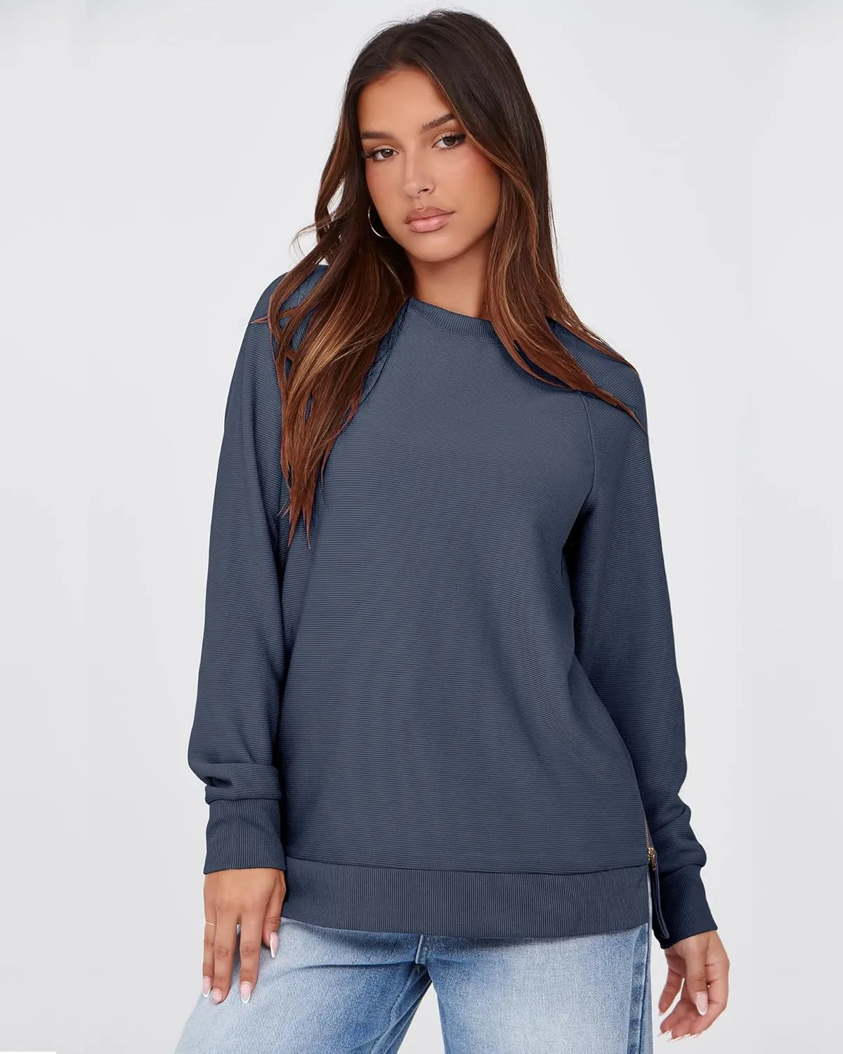 SimpleFun Womens Oversized Crewneck Sweatshirt Casual Side Slit Zipper Long Sleeve Fall Shirts Tunic Pullover Tops