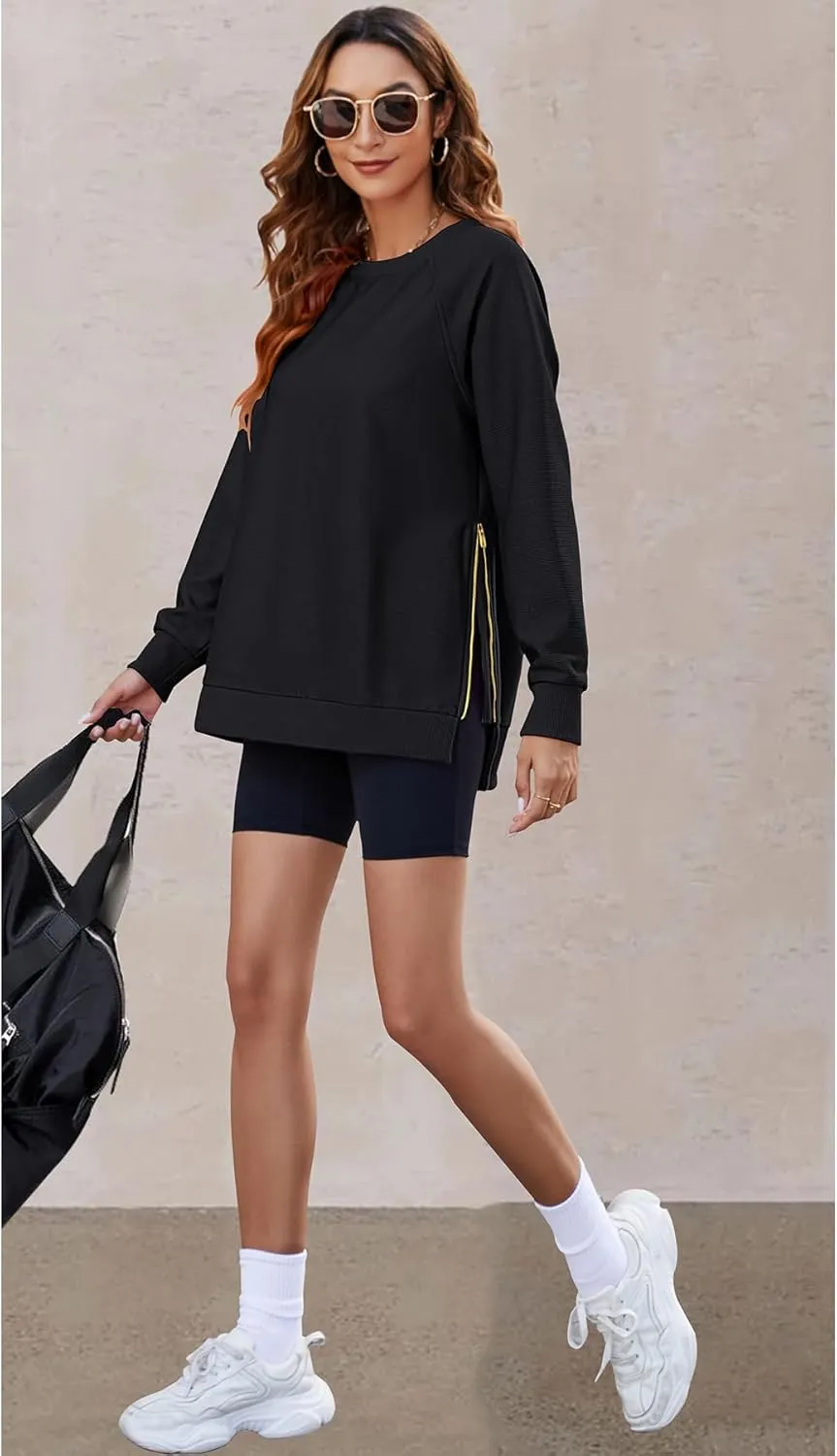 SimpleFun Womens Oversized Crewneck Sweatshirt Casual Side Slit Zipper Long Sleeve Fall Shirts Tunic Pullover Tops