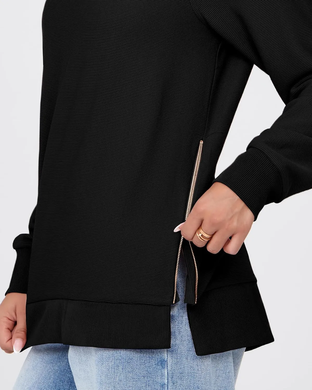 SimpleFun Womens Oversized Crewneck Sweatshirt Casual Side Slit Zipper Long Sleeve Fall Shirts Tunic Pullover Tops