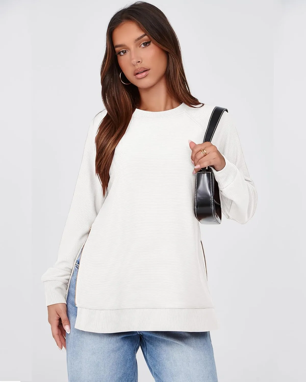 SimpleFun Womens Oversized Crewneck Sweatshirt Casual Side Slit Zipper Long Sleeve Fall Shirts Tunic Pullover Tops