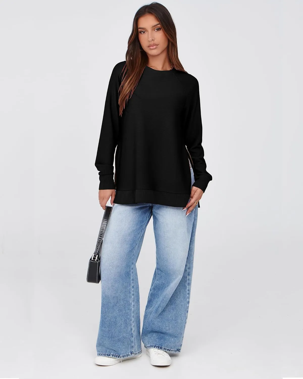 SimpleFun Womens Oversized Crewneck Sweatshirt Casual Side Slit Zipper Long Sleeve Fall Shirts Tunic Pullover Tops