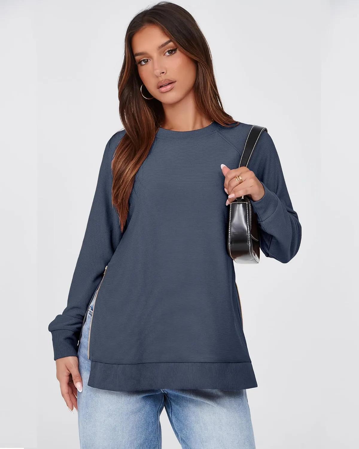 SimpleFun Womens Oversized Crewneck Sweatshirt Casual Side Slit Zipper Long Sleeve Fall Shirts Tunic Pullover Tops