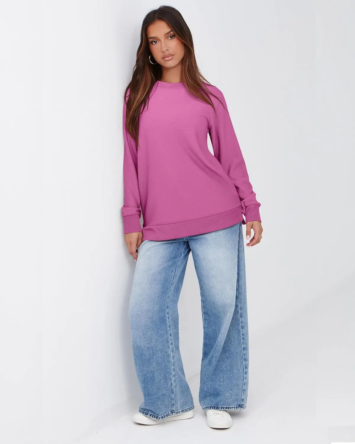 SimpleFun Womens Oversized Crewneck Sweatshirt Casual Side Slit Zipper Long Sleeve Fall Shirts Tunic Pullover Tops