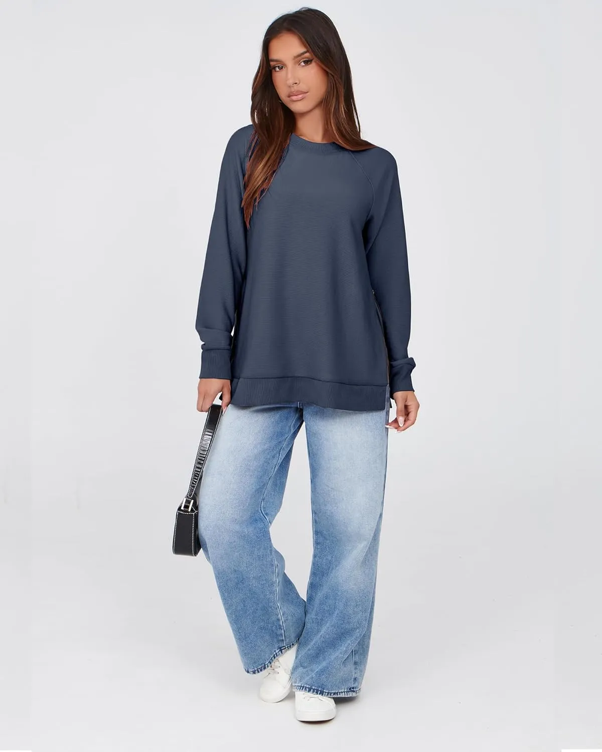 SimpleFun Womens Oversized Crewneck Sweatshirt Casual Side Slit Zipper Long Sleeve Fall Shirts Tunic Pullover Tops