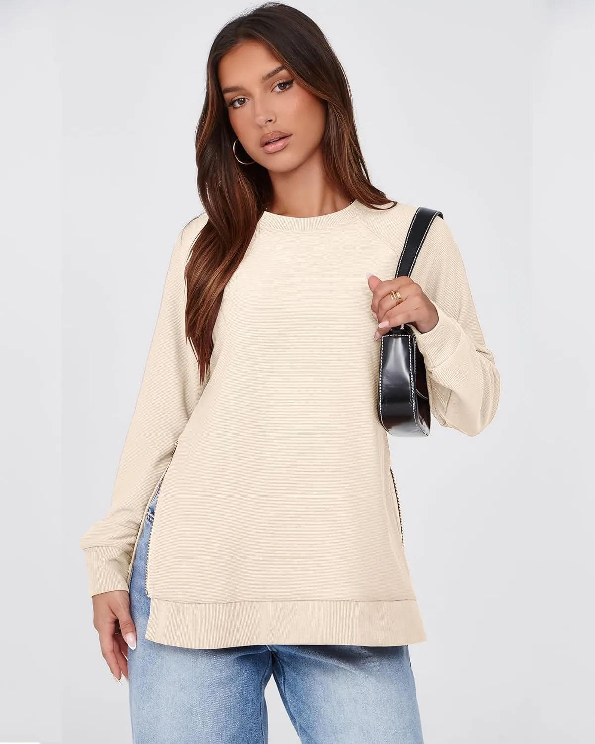 SimpleFun Womens Oversized Crewneck Sweatshirt Casual Side Slit Zipper Long Sleeve Fall Shirts Tunic Pullover Tops