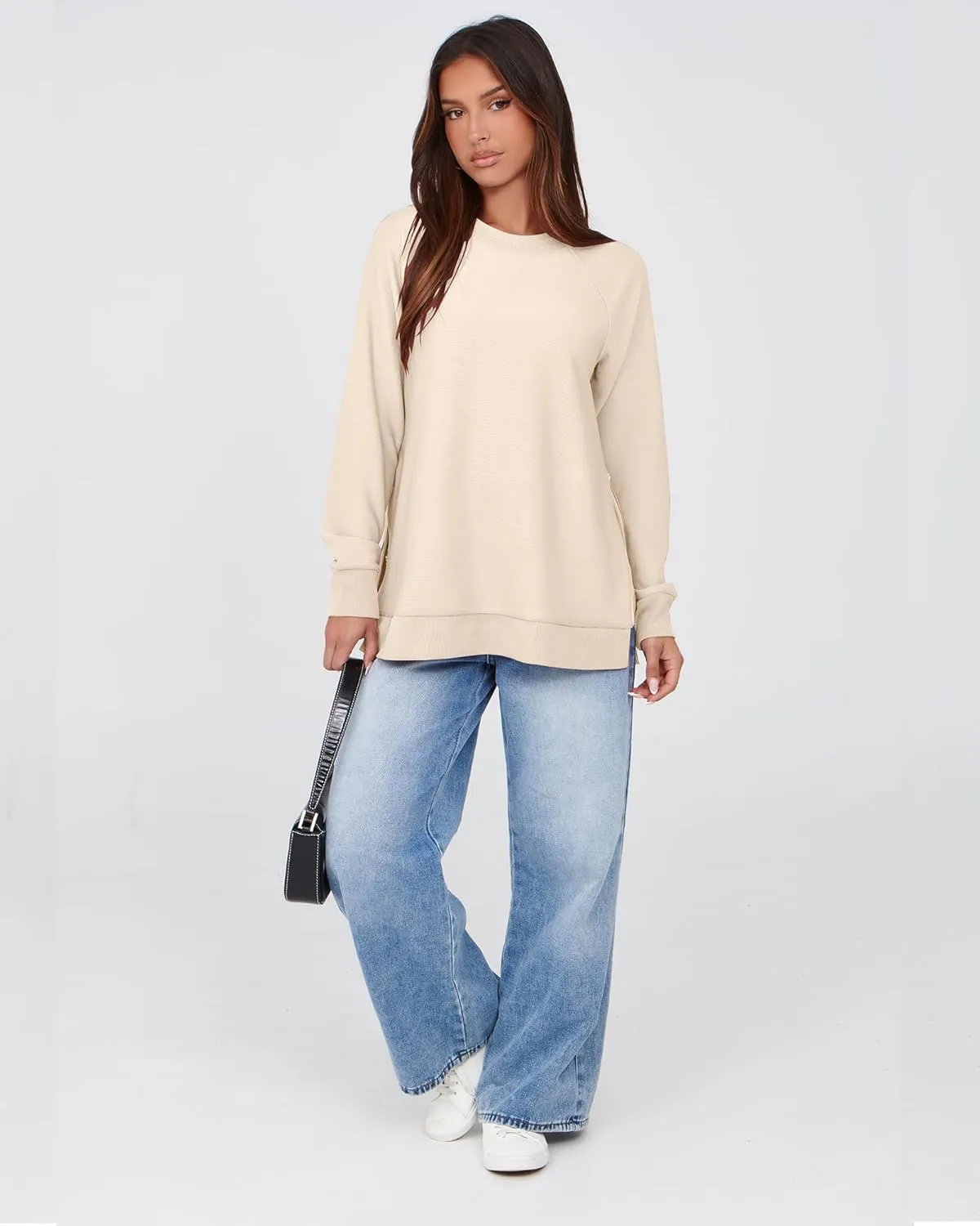 SimpleFun Womens Oversized Crewneck Sweatshirt Casual Side Slit Zipper Long Sleeve Fall Shirts Tunic Pullover Tops