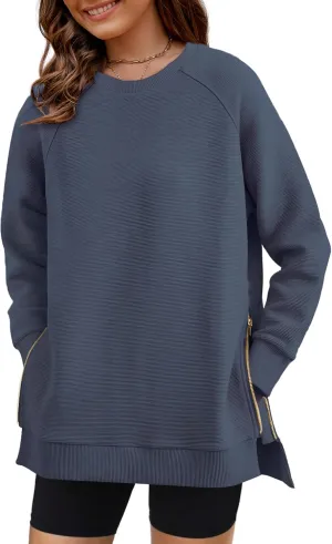 SimpleFun Womens Oversized Crewneck Sweatshirt Casual Side Slit Zipper Long Sleeve Fall Shirts Tunic Pullover Tops