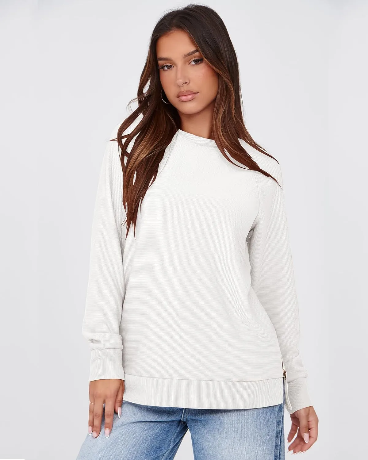 SimpleFun Womens Oversized Crewneck Sweatshirt Casual Side Slit Zipper Long Sleeve Fall Shirts Tunic Pullover Tops