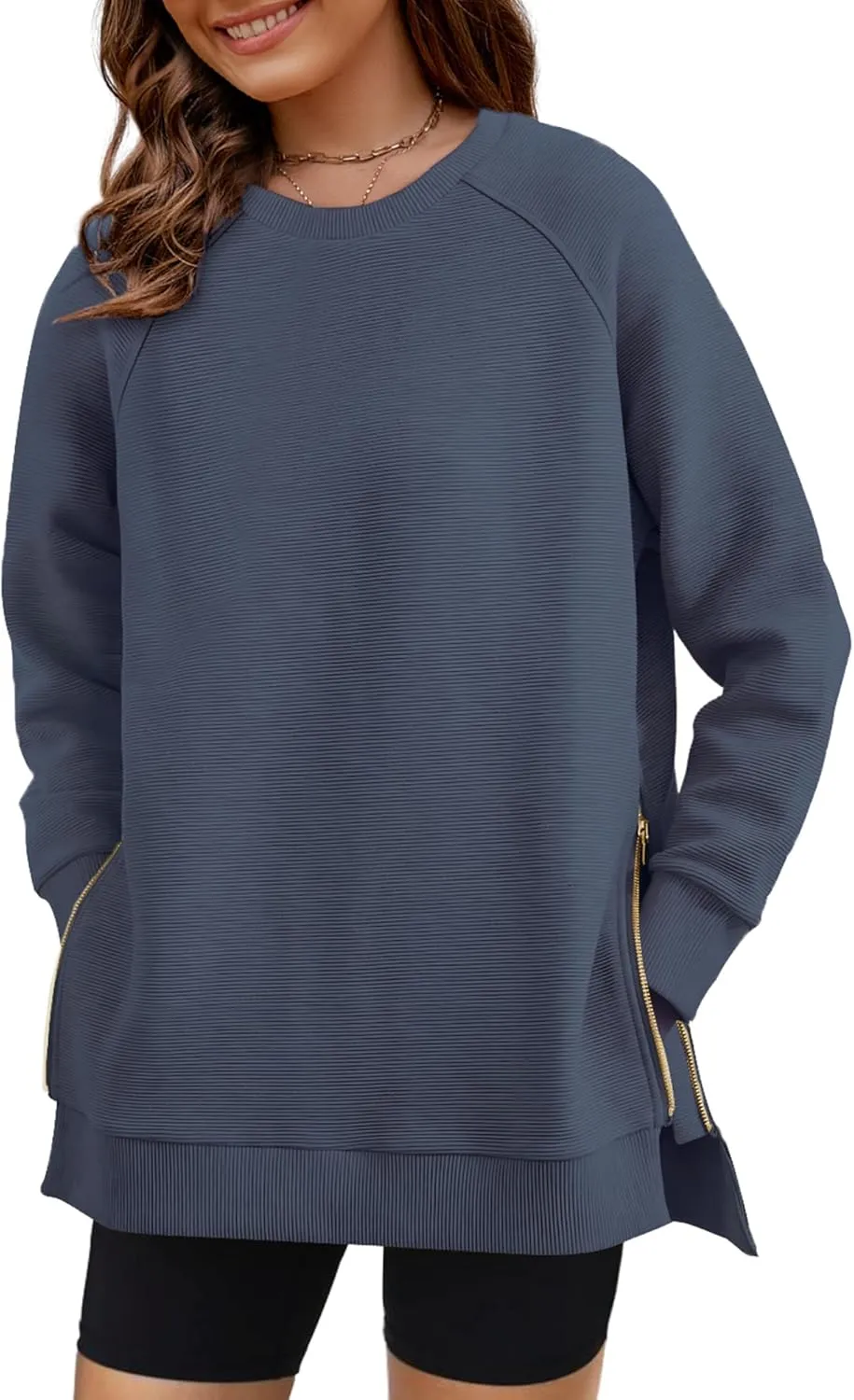SimpleFun Womens Oversized Crewneck Sweatshirt Casual Side Slit Zipper Long Sleeve Fall Shirts Tunic Pullover Tops