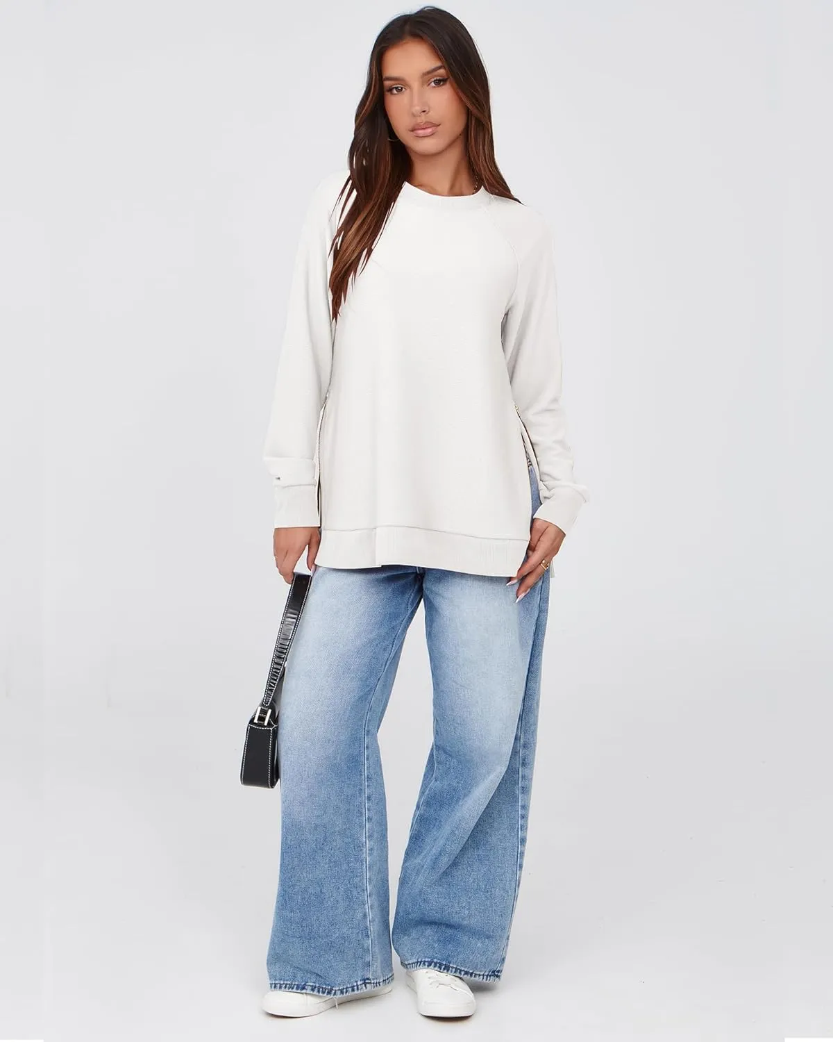 SimpleFun Womens Oversized Crewneck Sweatshirt Casual Side Slit Zipper Long Sleeve Fall Shirts Tunic Pullover Tops