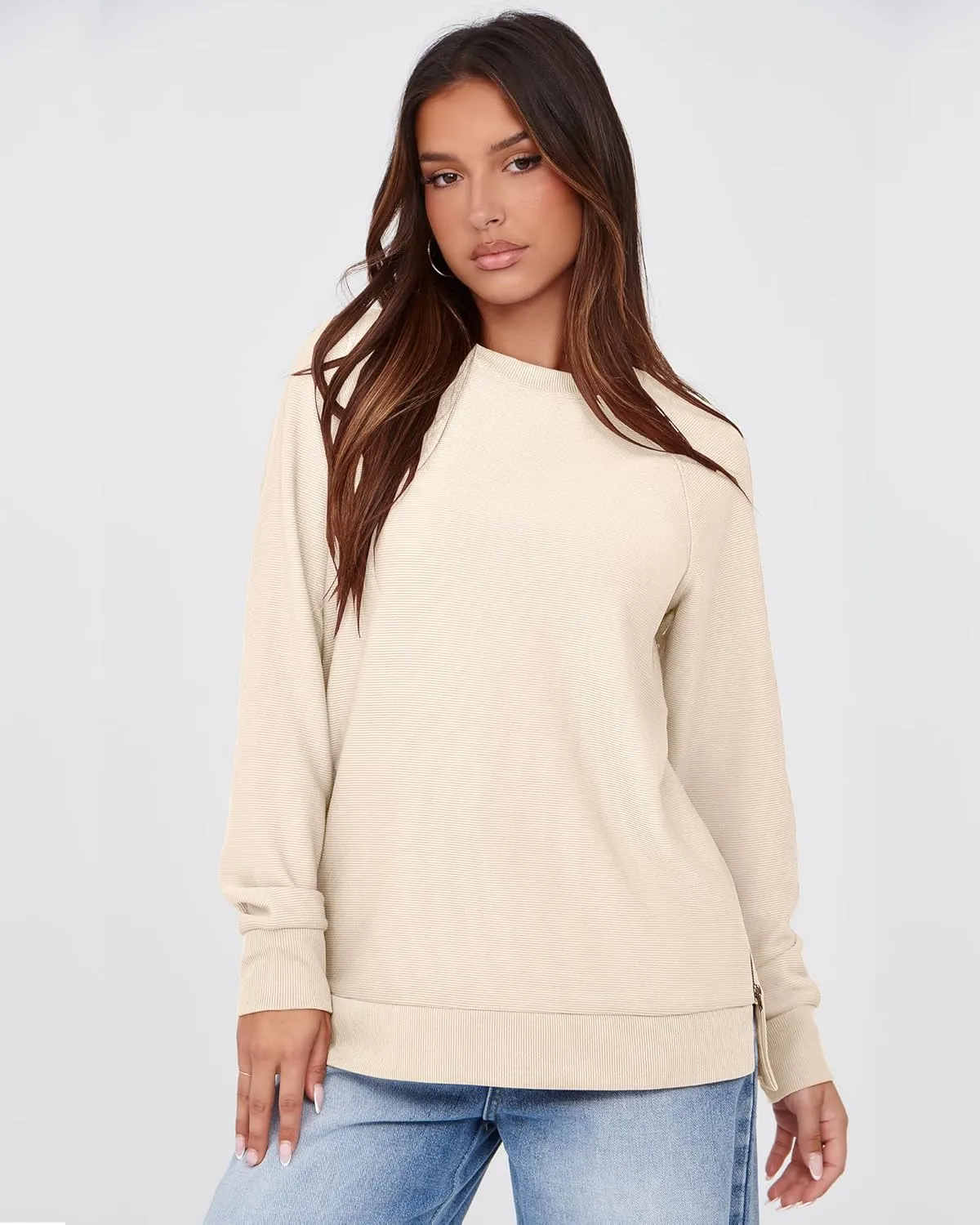 SimpleFun Womens Oversized Crewneck Sweatshirt Casual Side Slit Zipper Long Sleeve Fall Shirts Tunic Pullover Tops